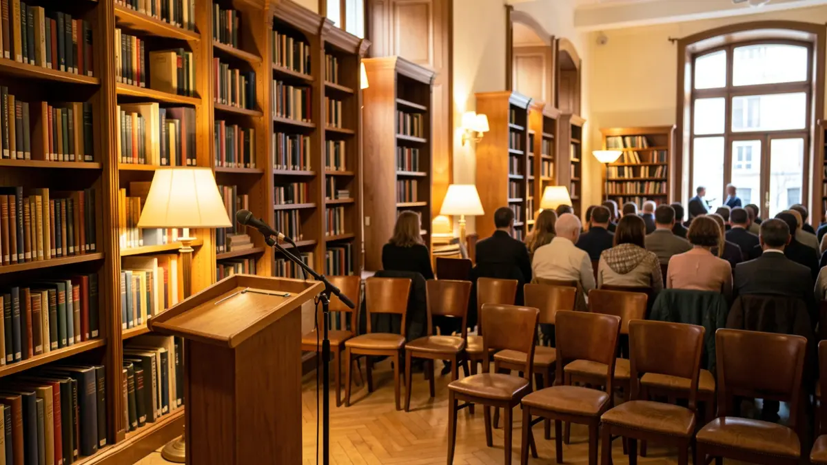 Presentation event of an exhibition in a library.