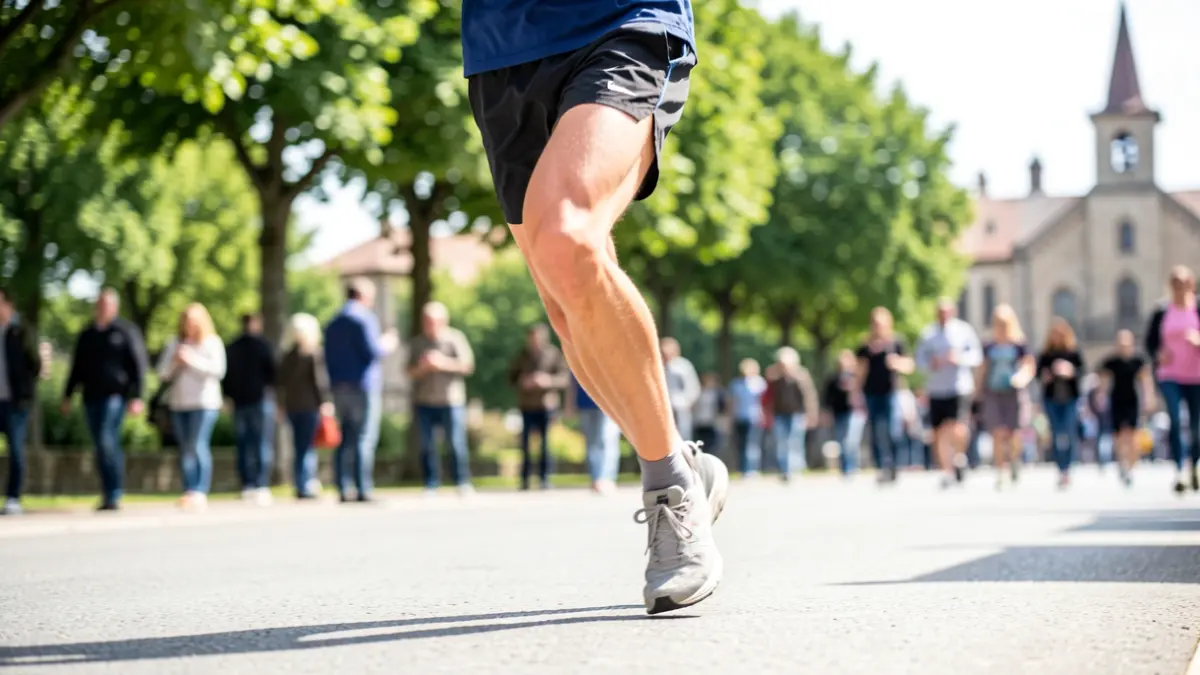 Generic image of a runner's legs on a path, with blurred Basque scenery.