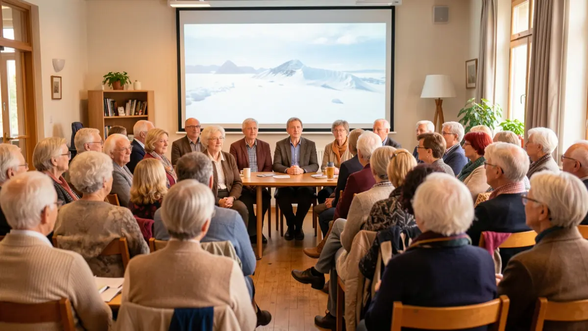 Generic image: a group of elderly people in a community center listening to a talk, with a projector screen showing a blurred image of the Arctic in the background.