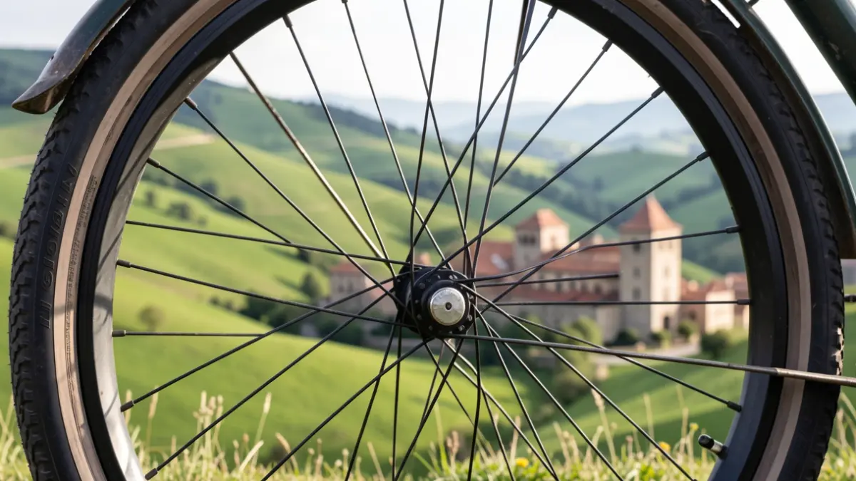 Stylized representation of a bicycle wheel against Basque architecture and green areas.