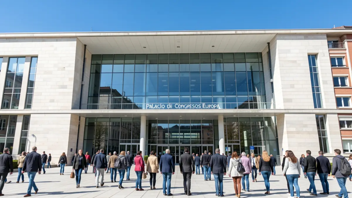Facade of the Palacio de Congresos Europa in Vitoria-Gasteiz, modern architecture with glass and stone elements, bright daylight, clear blue sky, wide shot showing the building's entrance.