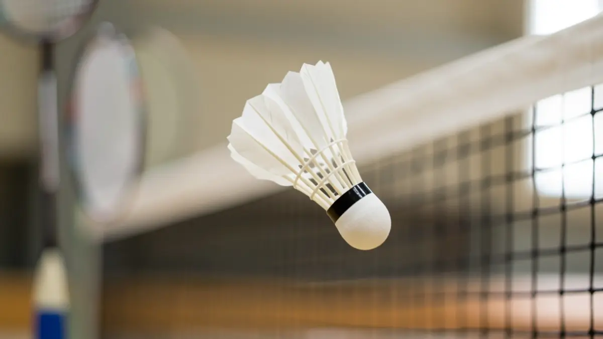 Generic image of a badminton shuttlecock in mid-air, with blurred rackets and net.