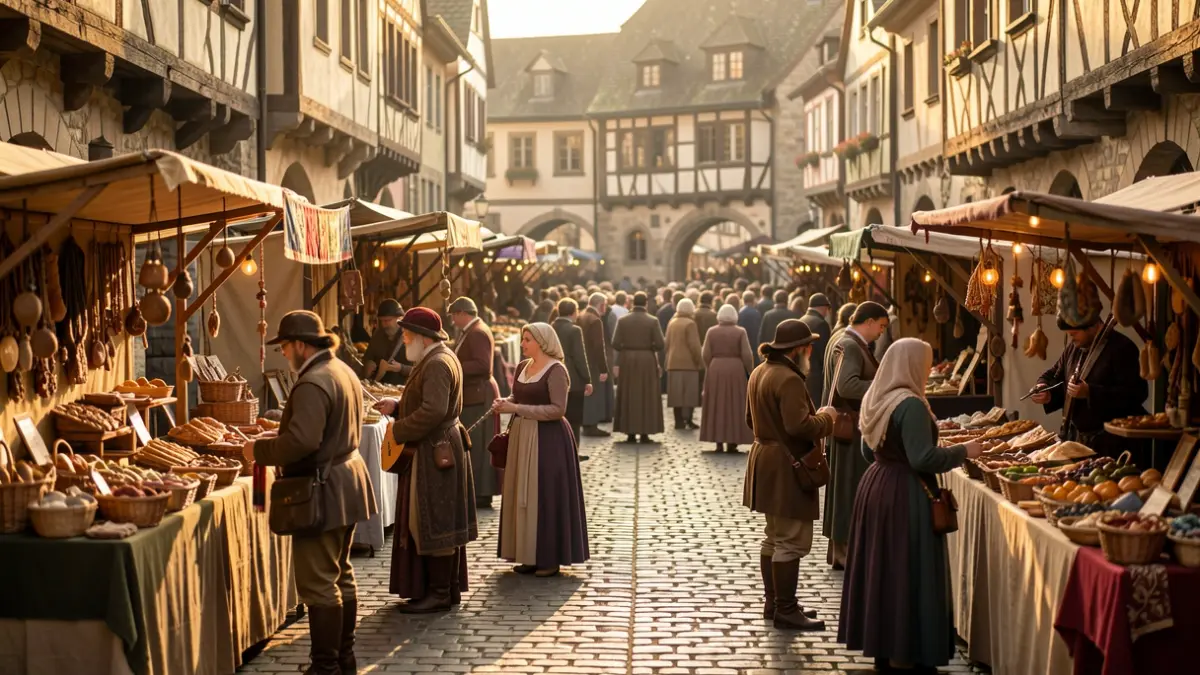 Generic image: A medieval market in a historic Basque Country square, featuring craft and food stalls, musicians, and costumed characters.