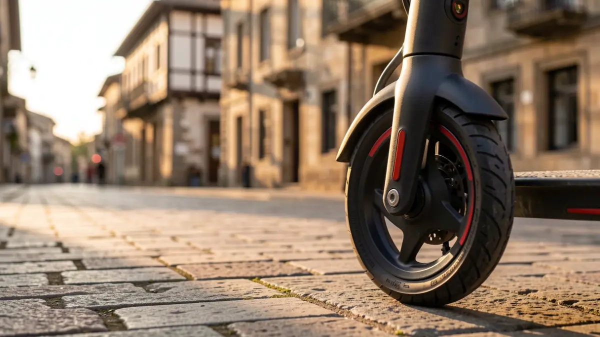 Vitoria-Gasteizko espaloi harriztatu batean aparkatutako patinete elektriko baten gurpilaren hurbileko irudia, arratsaldeko argi epelak itzal bigunak sortzen dituen bitartean, atzealdean euskal arkitektura tradizionala lausotuta.