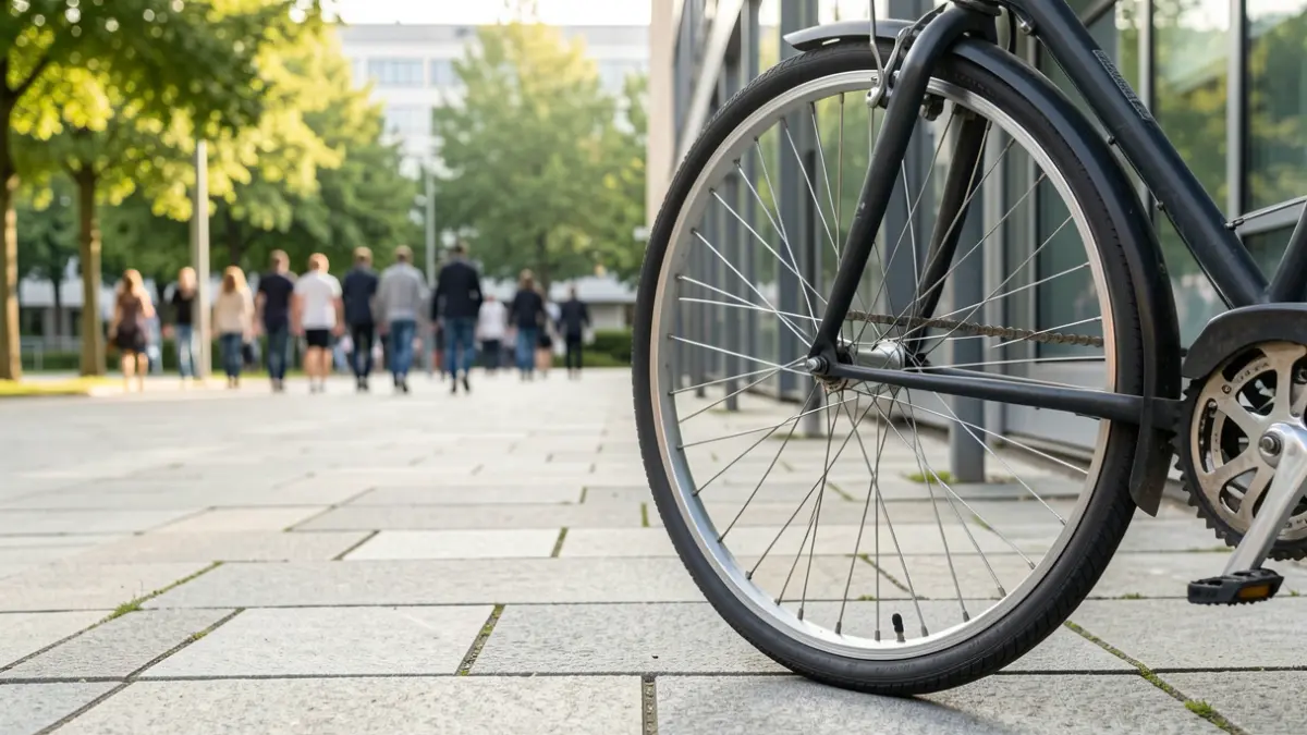 Bicycle wheel parked on the sidewalk of a technology park.