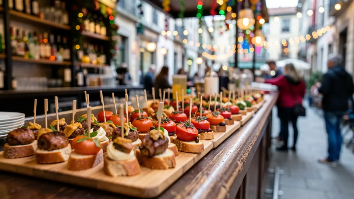 Variedad de pintxos en miniatura, con luces de ciudad y decoraciones festivas al fondo.