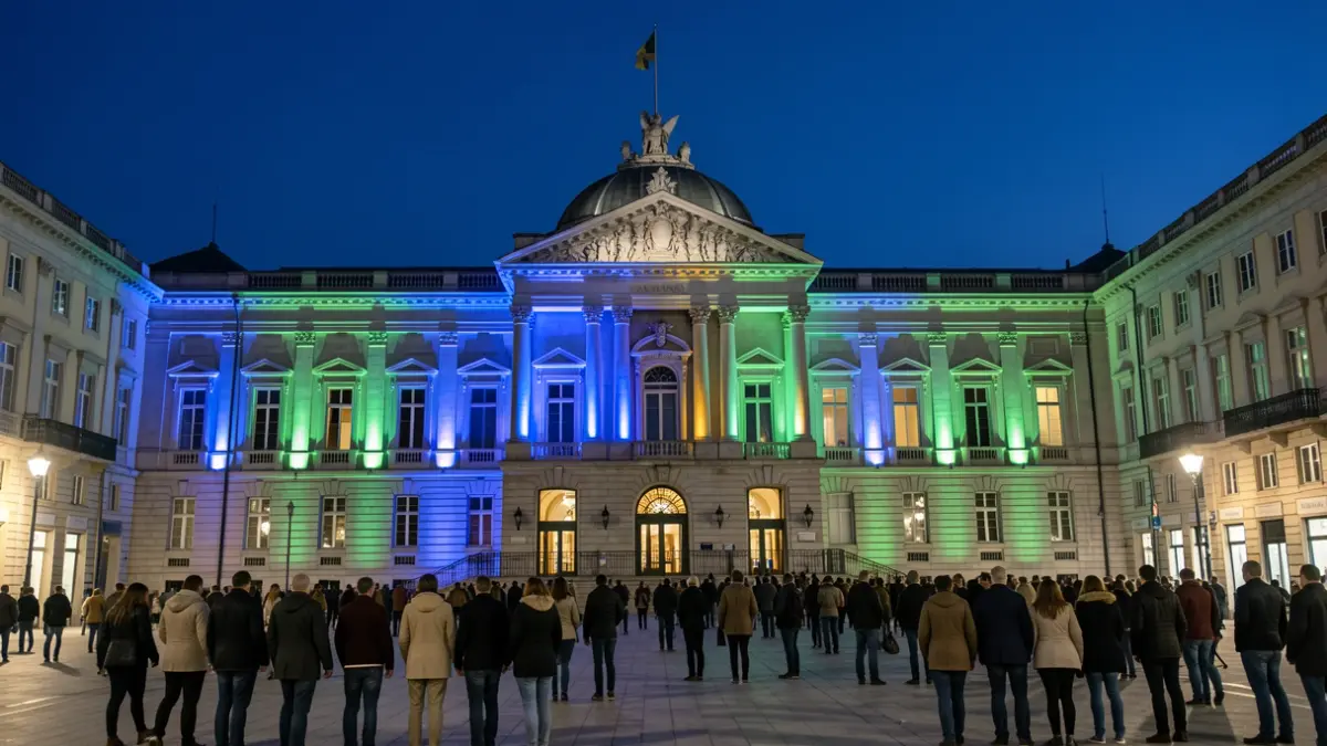 Vitoria-Gasteiz City Hall facade illuminated in blue and green at night.