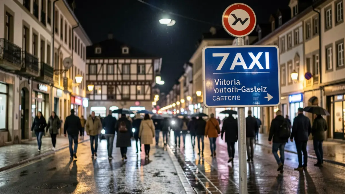 Nighttime taxi sign on a wet street in Vitoria-Gasteiz, with traditional Basque architecture in the background.