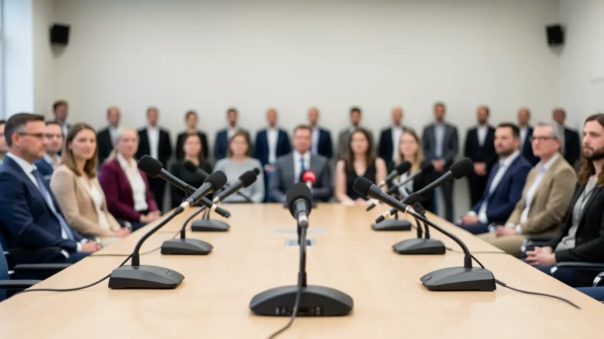 Imagen genérica de una sala de prensa con micrófonos sobre una mesa.
