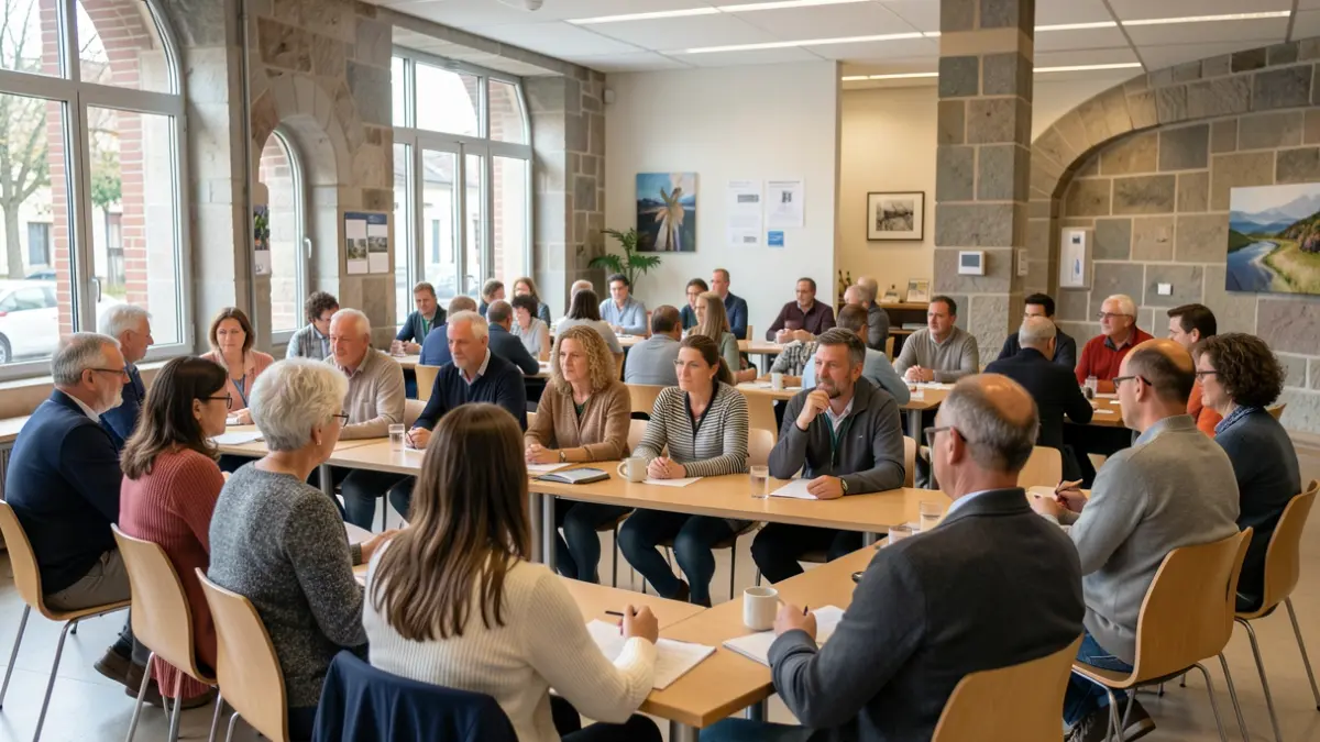 A diverse group of adults of various ages and ethnicities attending an Euskera language class in a modern community center in Vitoria-Gasteiz, with Basque architectural elements visible in the background. Soft, natural lighting.