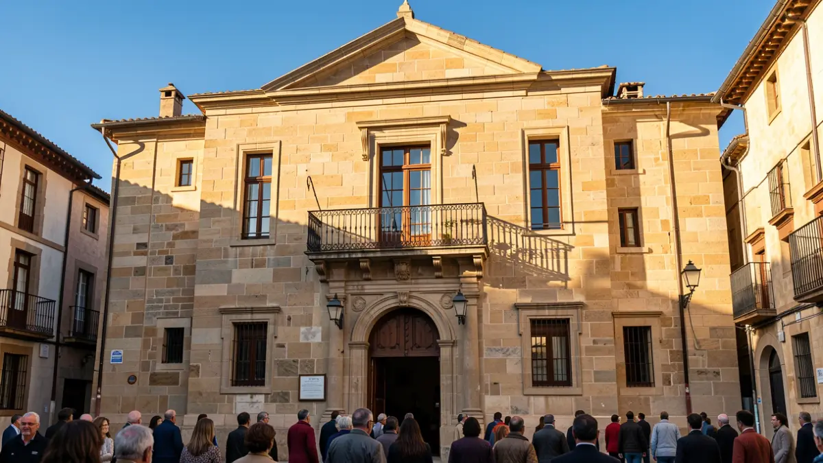 Vitoria-Gasteizko udaletxearen harrizko fatxada tradizionala, balkoi apaingarri eta burdinazko barandekin. Arratsaldeko eguzkiak itzalak proiektatzen ditu hormetan. Zeru urdina.