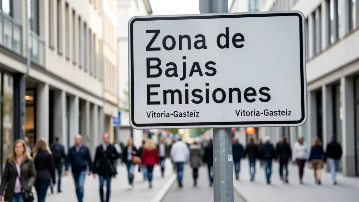 Irudi generikoa da, Vitoria-Gasteizko 'Baja Emisioen Gunea' seinalea erakusten duena.
