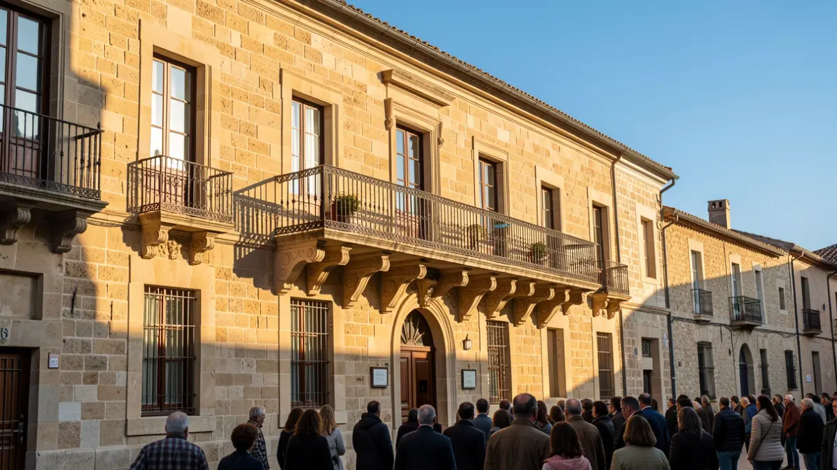 Generic image: stone town hall facade with ornate balcony, afternoon sun casting shadows on the walls.