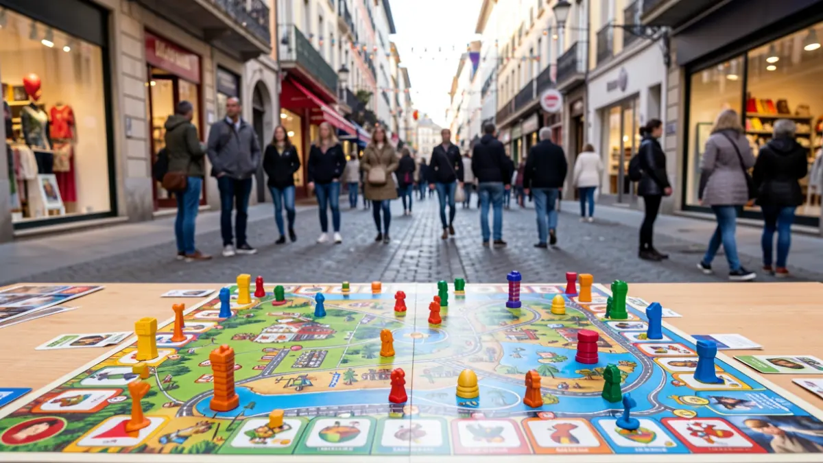 Generic image of a street scene in the Zaramaga neighborhood of Vitoria-Gasteiz, featuring colorful game elements.