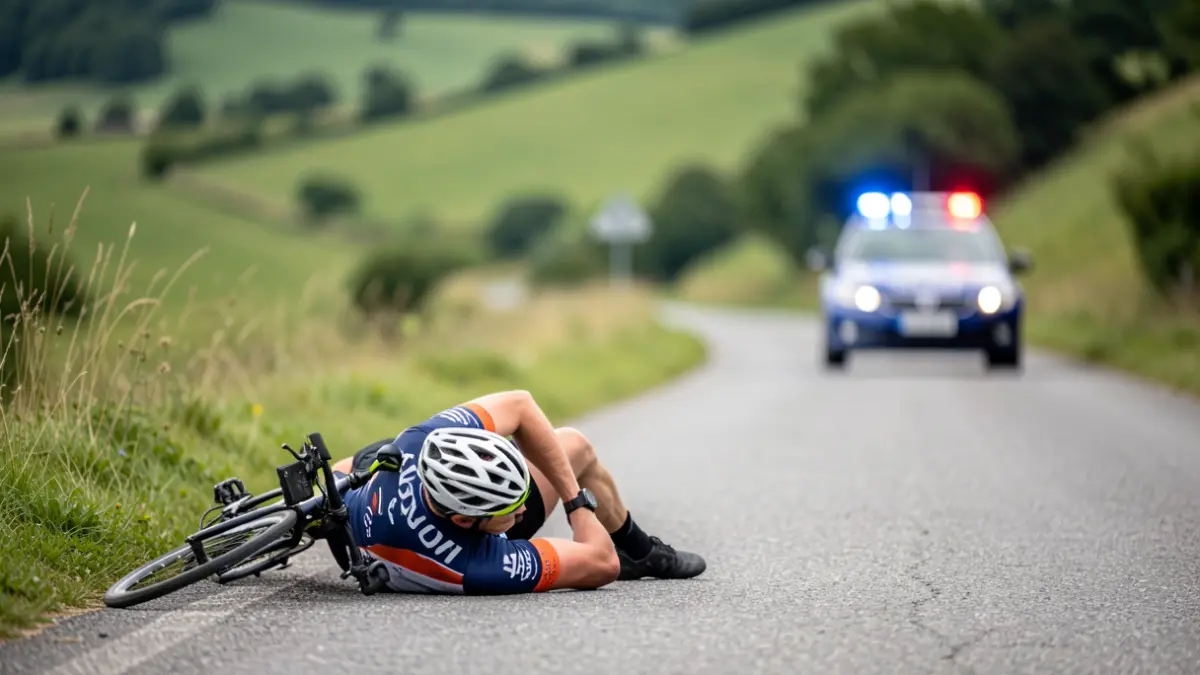 Generic image: a cyclist lying on the side of a road, with green landscapes in the background and a police car with flashing lights in the distance.