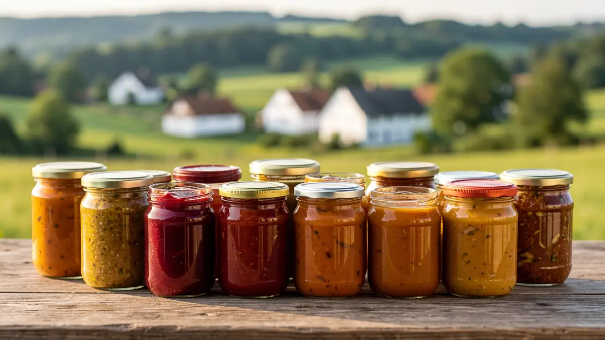 Lur gainean jarritako hainbat produktu artisau, hala nola marmeladak eta saltsak, kristalezko potetan. Atzealdean, Euskal Herriko paisaia berdea eta baserri zuriak.
