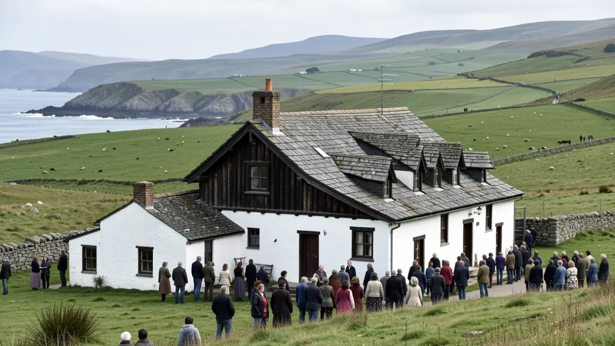 Traditional Basque farmhouse (baserri) with white walls and dark wood, set against a backdrop of green rolling hills and the Cantabrian coast.