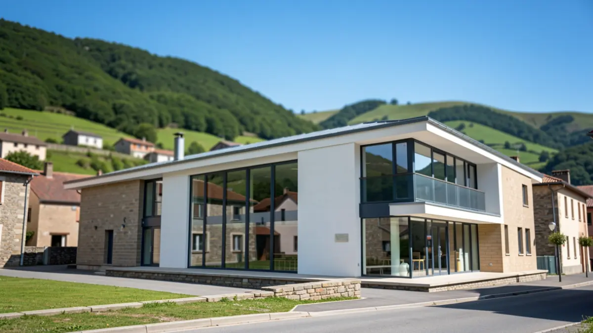 Generic image: Exterior of a modern cultural center in a small Basque town, with green hills in the background and a blue sky.