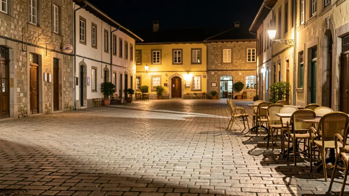 Irudi generikoa: Zestoako plaza iluntzean, kale argien argitan.