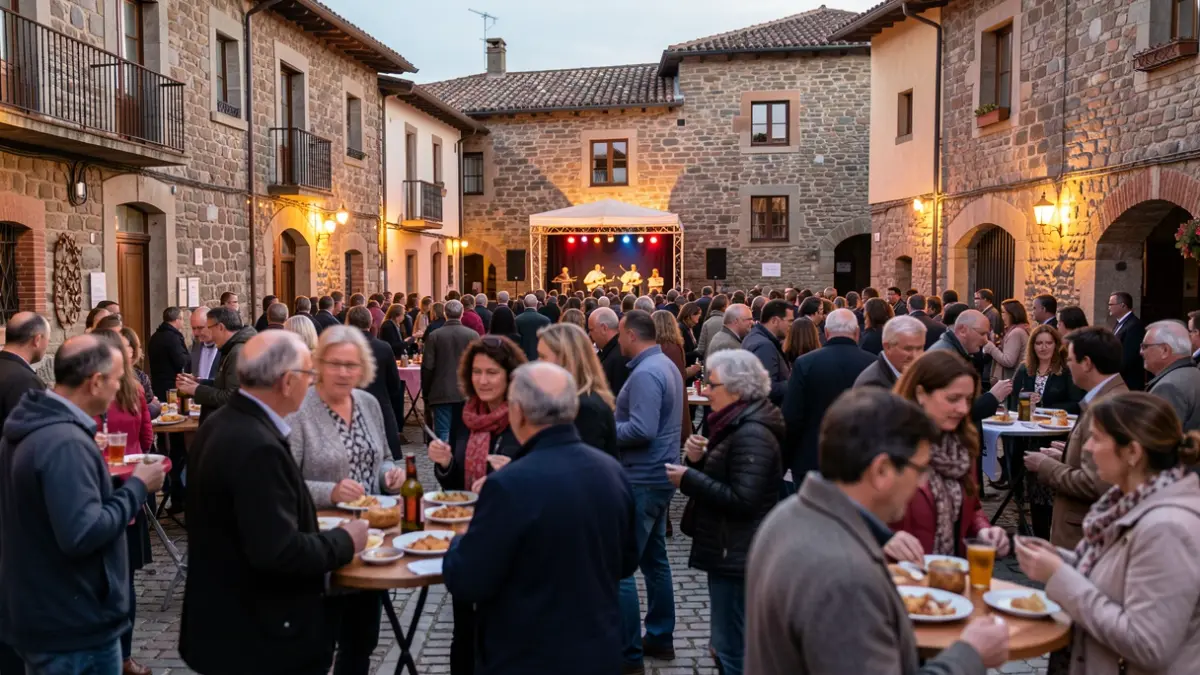 Generic image: festive atmosphere in a Basque Country square, with people and warm lights.