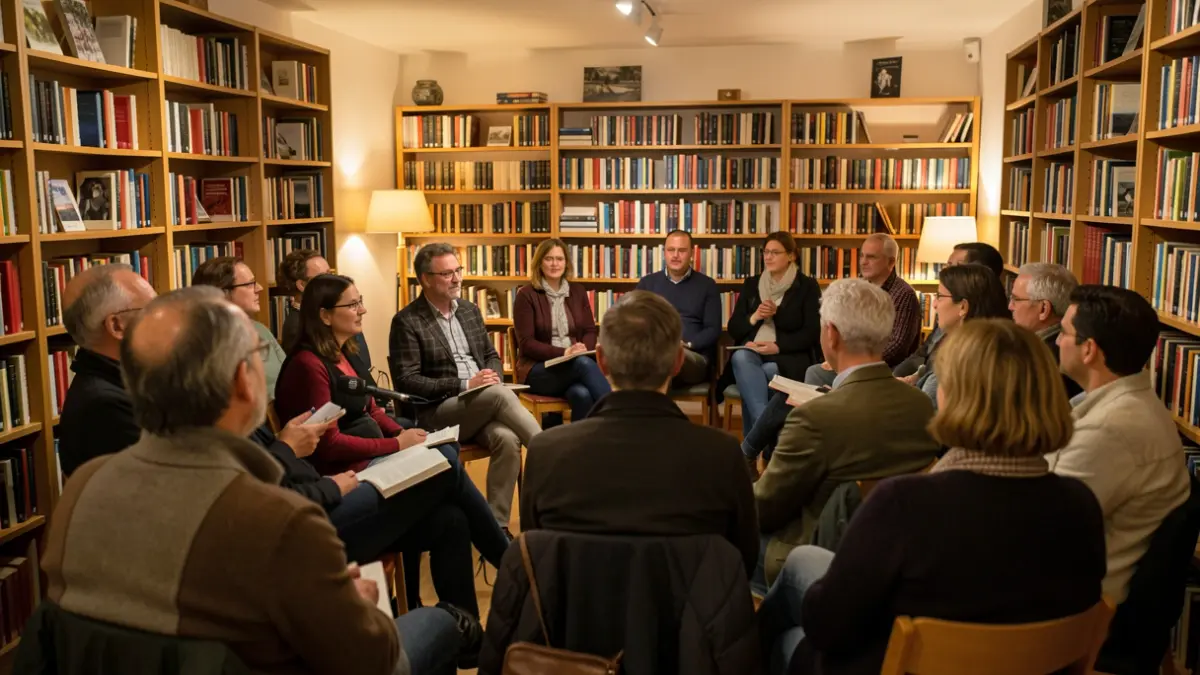 A group of people gathered in a cultural center, listening to a presentation. The atmosphere is warm and engaging, with bookshelves and a microphone visible. Soft ambient lighting creates a cozy atmosphere.
