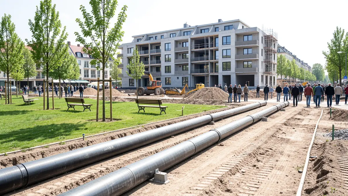 Irudi generikoa: Etxebizitza berriak eraikitzen ari diren gune bat, berdeguneak eta kaleak urbanizatzen ari direla.