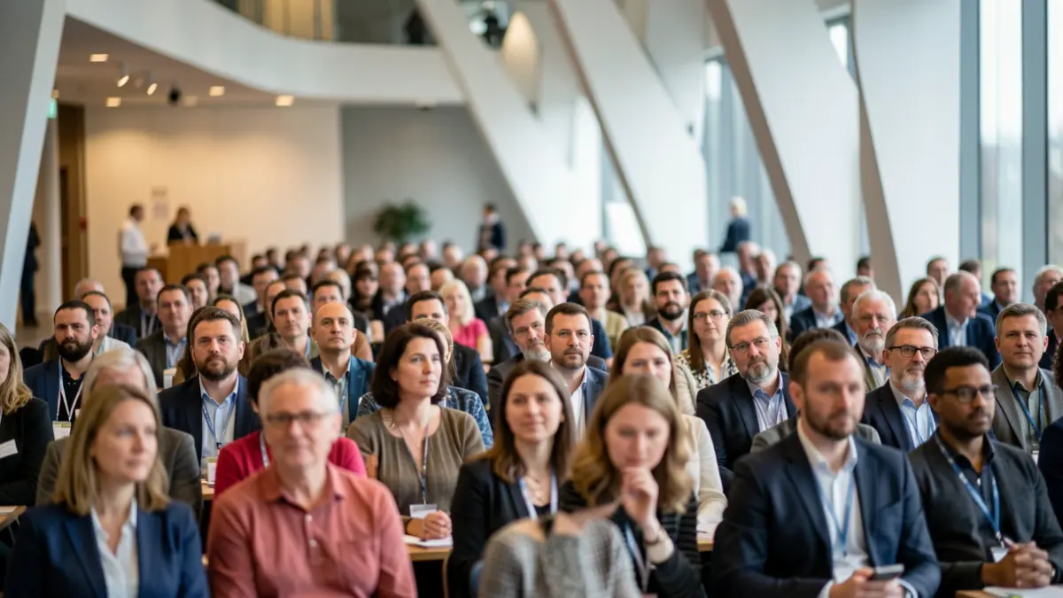 Imagen genérica de un grupo diverso de personas asistiendo a una conferencia en un centro moderno.