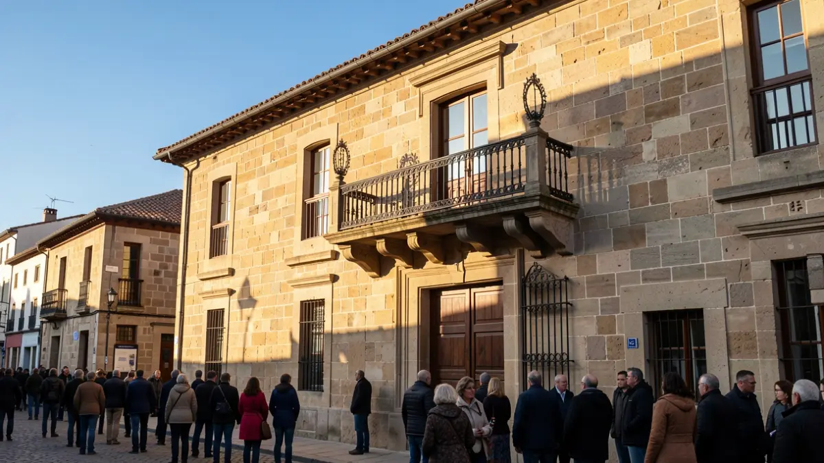 Imagen genérica de la fachada de piedra de un ayuntamiento de Euskadi con balcón ornamentado, bajo la luz de la tarde.