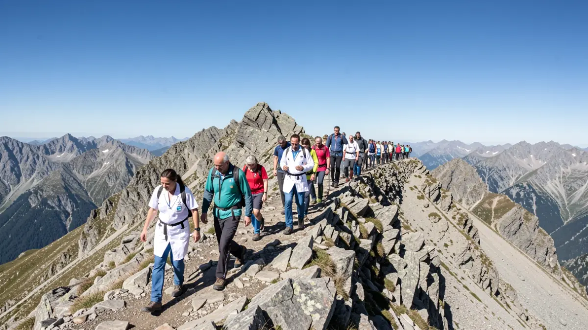 Imagen de un grupo de personas ascendiendo a la cima de una montaña bajo un cielo azul claro.