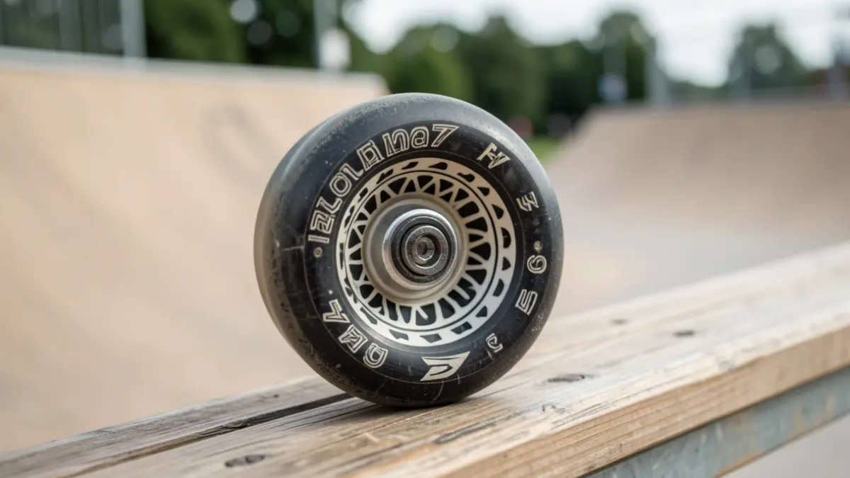 Close-up image of a skateboard wheel on a skatepark ramp.
