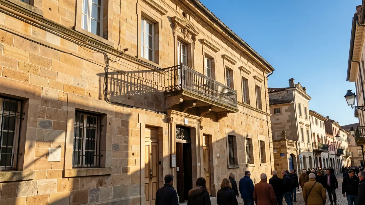 Generic image: Stone facade of the Arraia-Maeztu town hall with an ornate balcony and iron railings, warm afternoon sunlight casting shadows, blue sky, Basque architecture.