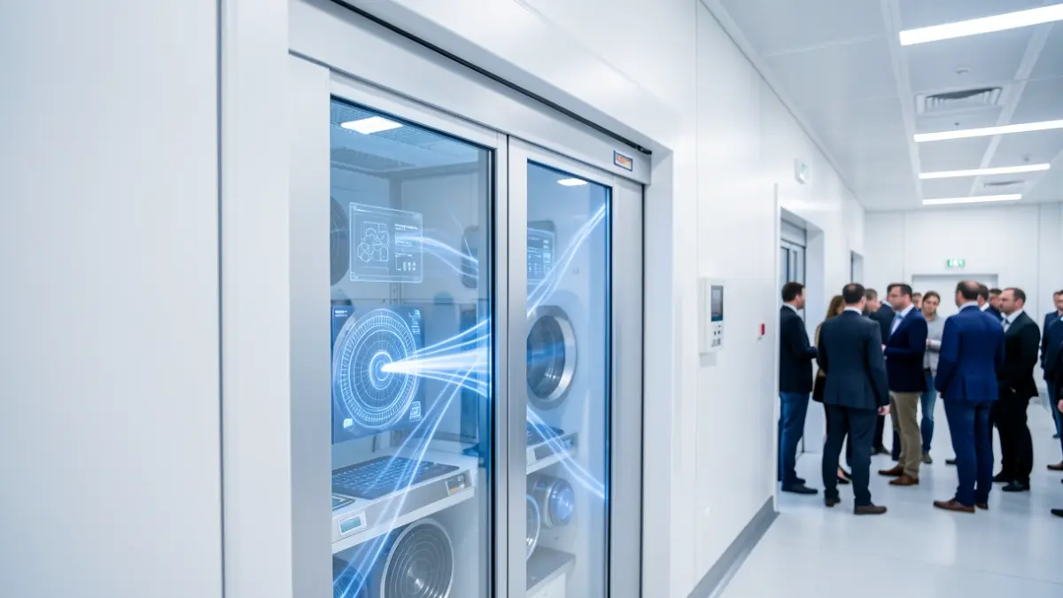 Generic image: a cleanroom airlock with a sliding door, sterile white environment and subtle blue lighting.
