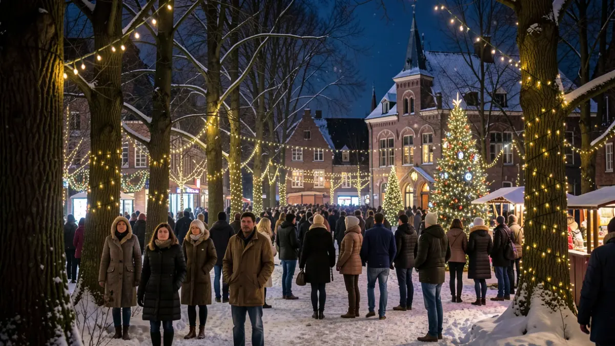 Generic image: A magical forest with Christmas lights and decorations, in a night setting.