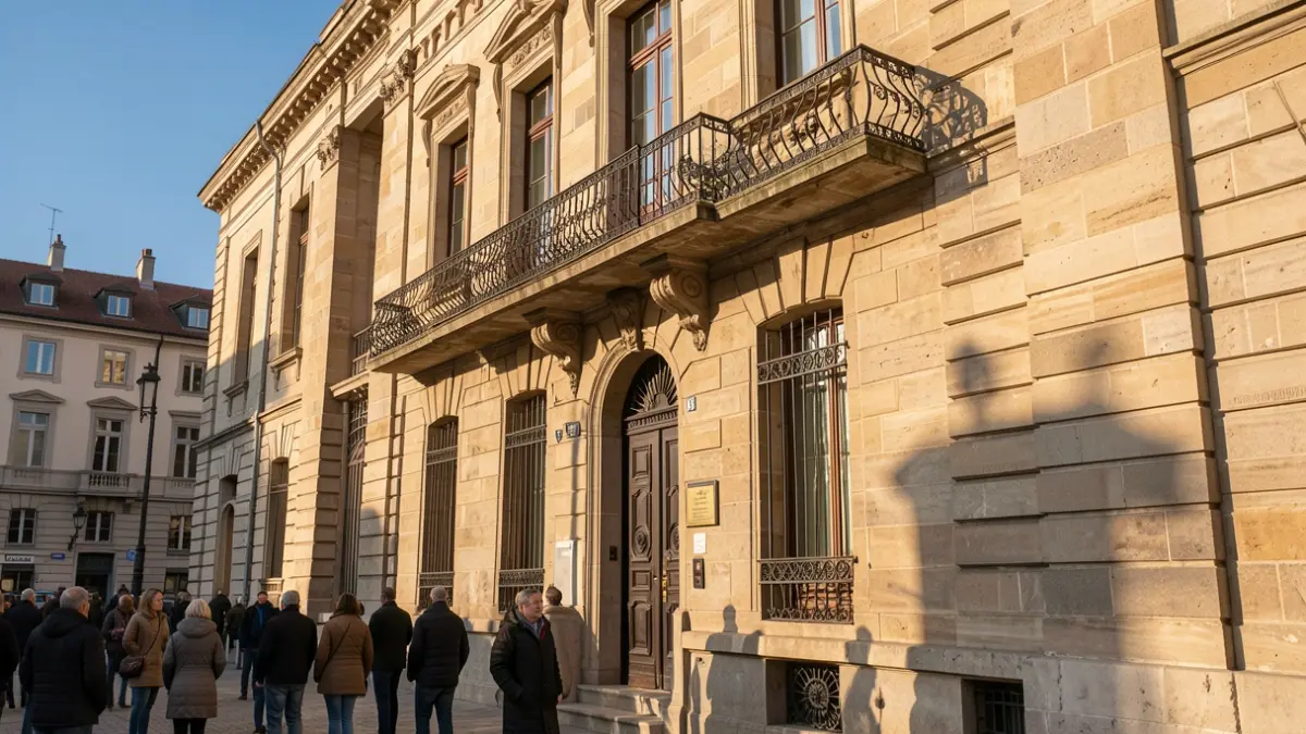 Irudi generikoa: Euskal Herriko udaletxe baten harrizko fatxada, balkoi eta burdinsare apaingarriekin, arratsaldeko eguzkiak itzalak proiektatzen dituen harrietan, zeru urdina, argazkilaritza dokumentalaren estiloan.