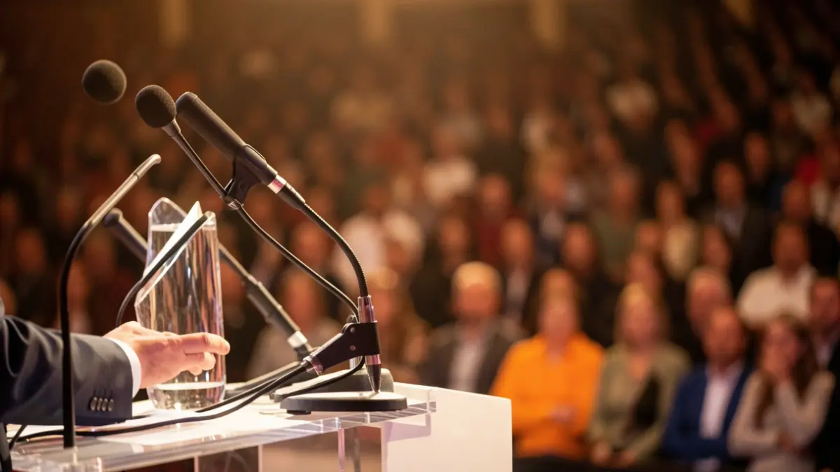 Generic image: a stage for a sports awards ceremony with microphones and blurred background, warm lighting, documentary style. No people or specific logos visible.