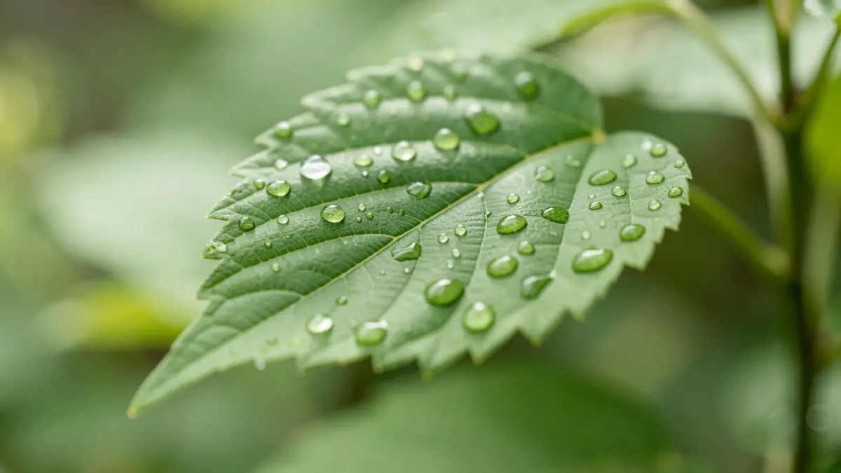 Imagen genérica: una hoja verde con gotas de rocío, simbolizando la interconexión de la naturaleza y la salud. Luz natural suave.