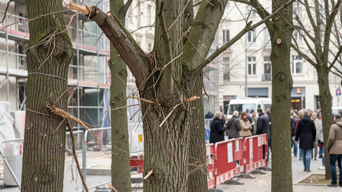Irudi generikoa. Zuhaitz-enbor batzuen hurbileko irudia, kentzeko zantzuak erakusten dituzten adar lehor batzuekin, eraikuntza-elementuen atzealdean.