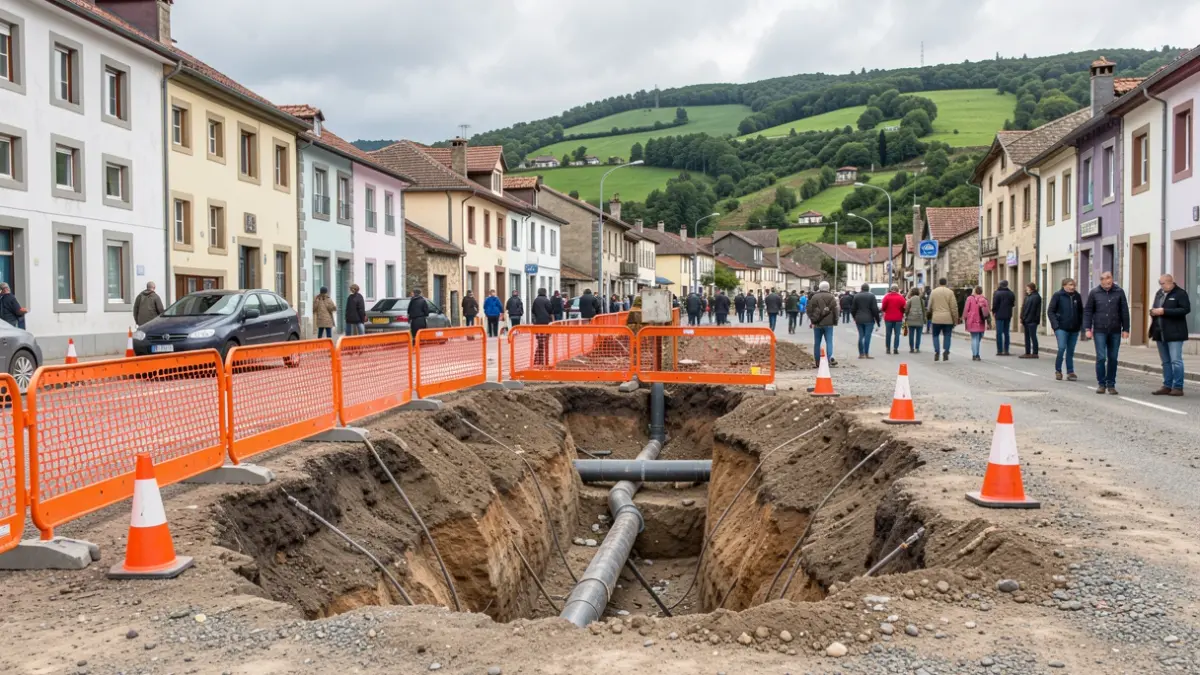 Generic image: a construction site with barriers and trenches, green hills in the background and a cloudy sky.