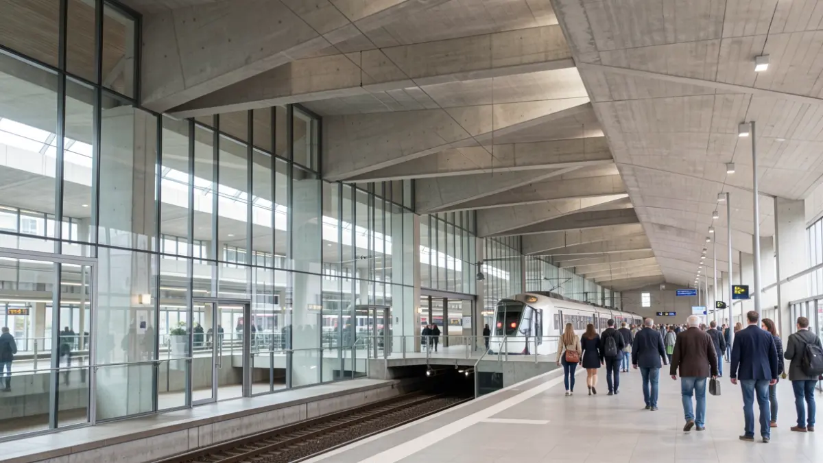Generic image: Modern facade of the new Anoeta train station building, featuring glass and a concrete roof.