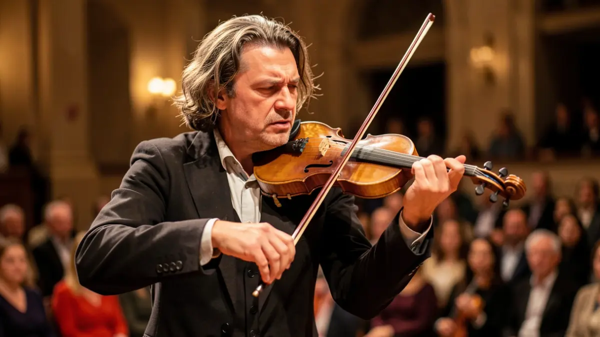Image of a violinist in a concert hall.