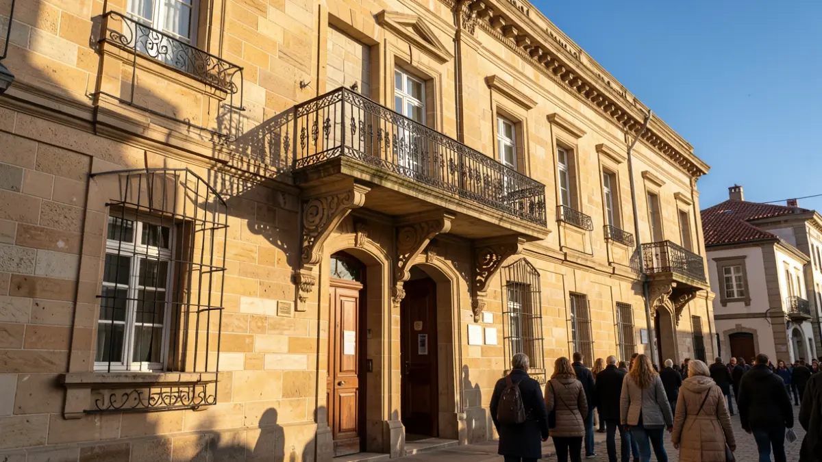 Imagen genérica: Fachada de un ayuntamiento del País Vasco con balcón y barandillas de hierro ornamentadas, bañada por la cálida luz del sol de la tarde que proyecta largas sombras sobre las paredes de arenisca, cielo azul despejado.