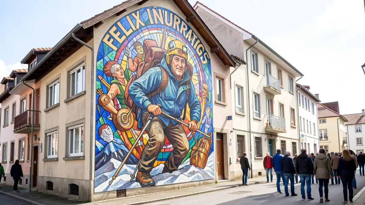 Aretxabaletako etxebizitza baten fatxadan margotzen ari diren mural bat, Felix Iñurrategi mendizalearen irudia eta bertako artisten lanak uztartuz.