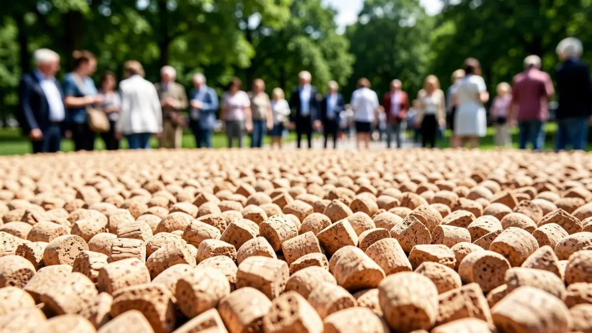 Generic image: Close-up of natural cork granules forming a soft, shock-absorbent surface, with blurred green park elements in the background, bright daylight.