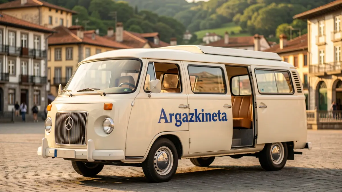 Argazkineta furgoneta zaharkitu bat Bilboko plaza batean aparkatuta, euskal arkitektura tradizionalaren eta berdegunen atzealde lausoarekin.