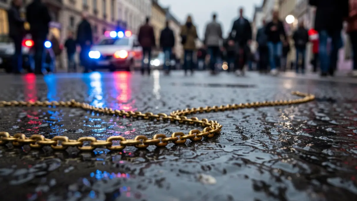 Generic image: a golden chain on dark, wet asphalt, reflecting blue and red emergency lights.