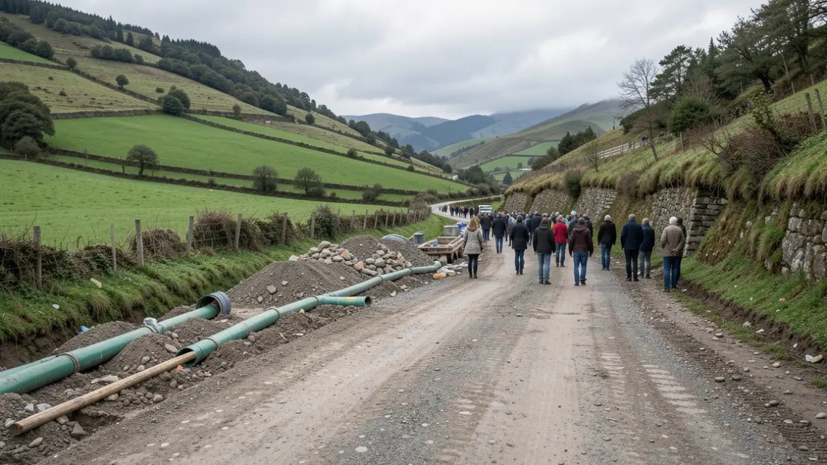 Imagen genérica: Un camino rural en reparación, con materiales y maquinaria visibles, rodeado de campos verdes.