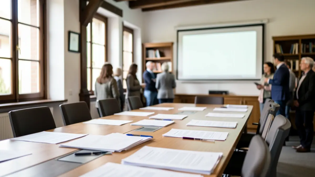 Generic image: a meeting room with a table and presentation screen in a modern Basque Country office. Focus on the table with scattered papers and pens, soft natural light from a window, typical Basque architectural elements blurred in the background.