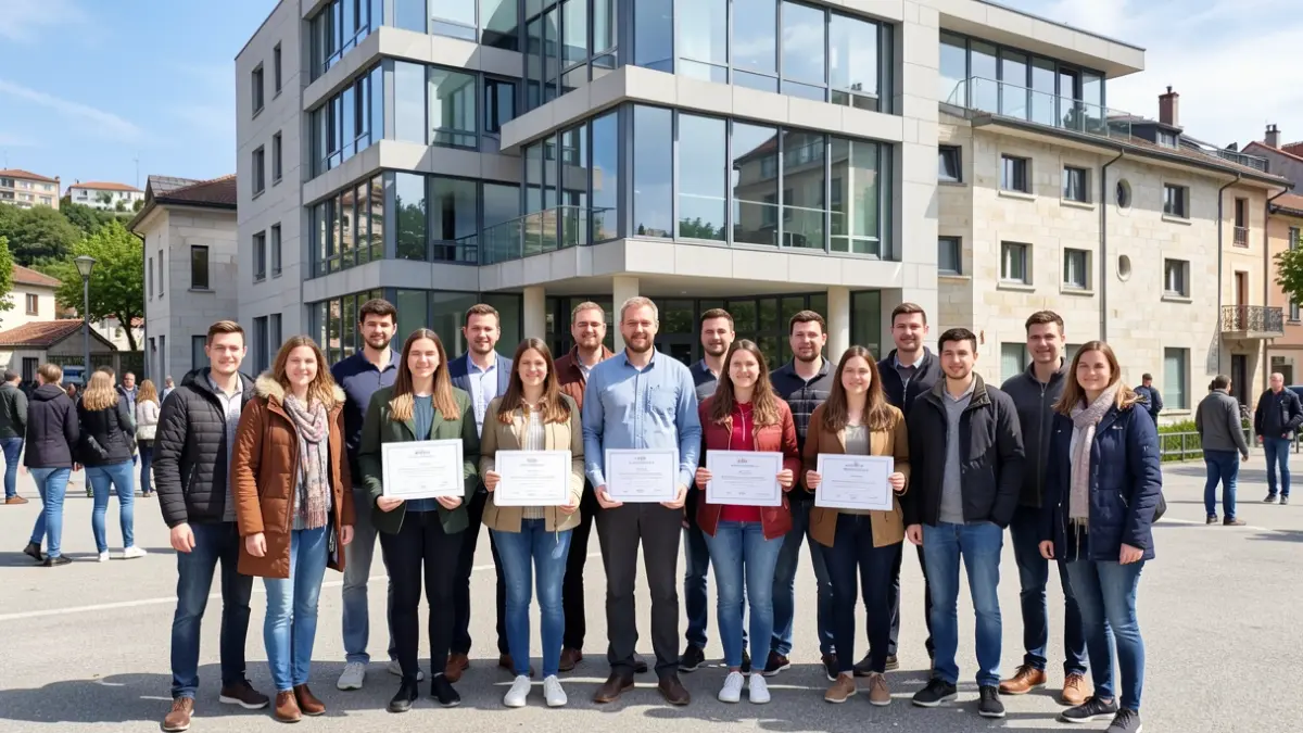 Generic photo: a group of young adults and instructors posing for a photo in front of a modern building.