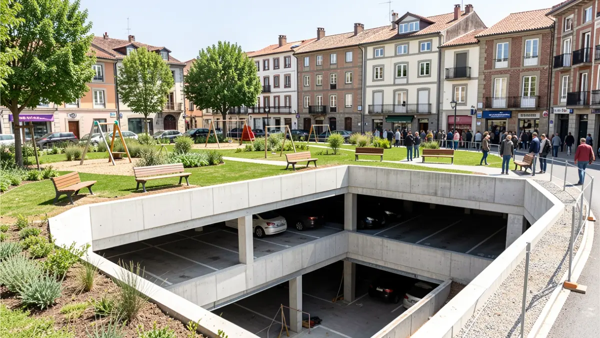 Imagen genérica: Obra de un aparcamiento subterráneo en un pueblo del País Vasco, con zonas verdes en la superficie.
