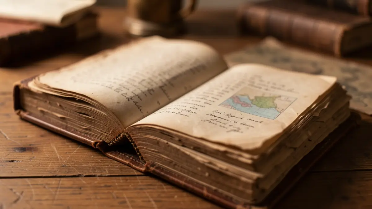 Imagen genérica: primer plano de un libro antiguo con texto escrito y un pequeño mapa, sobre un escritorio de madera.